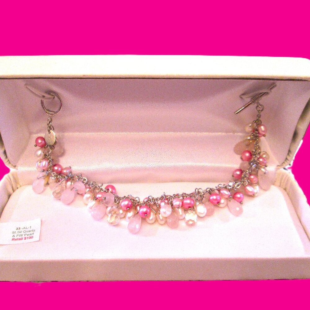 NWT Vtg Sterling Silver fresh Water Pearl & Quartz Pink Ribbon Design Bracelet